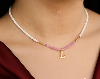 Personalized Initial Necklace with Bohemian style Bead, Custom Beaded Gold Letter Pendant, Handmade Jewelry Gift for Friend, Mom, Bridesmaid