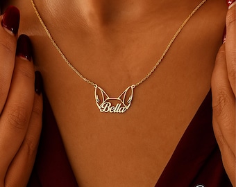 Custom Dog Name Necklace, Personalized Name Necklace with Dog Head, Gold-Plated Dog Ear Necklace, Pet Memorial Necklace, Gift for Dog Mom