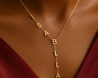 Anpassat namnhalsband med droppar, smycken i vertikal lariatstil, personligt namnhalsband i guld/silver, smycken med bokstaven Y-droppe för kvinnor, födelsedagspresent