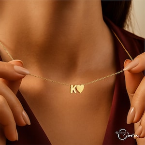 Custom Initial Necklace with Heart Charm, Silver Letter Necklace, Personalized Initial Necklace, Minimalist Jewelry Gift for Girlfriend