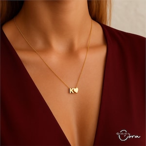 Personalized Letter Charm Necklace, Tiny Initial Necklace with Heart, Dainty Gold Initial Necklace, Silver Necklace, Everyday Jewelry Gift