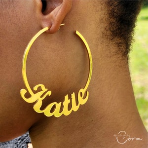 Custom Name Hoop Earrings. Personalized Name Earrings. Large Hoop Earrings. Solid Gold Earrings. Stylish Name Jewelry. Large Earrings Gift