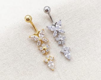 14G Titanium Belly Button Ring, CZ Butterfly Belly Ring, Dangle Naval Piercing Jewelry, Gold Silver Belly Ring, Tear Drop Belly Jewelry