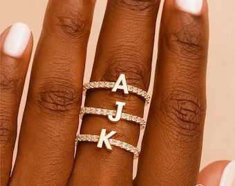 Custom Initial Ring with Rhinestones, Adjustable 18k Gold Letter Ring, Personalized CZ Jewelry Gift for Women, Pave Stone Initial Ring Gift