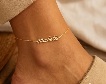 Tobillera personalizada con nombre para mujer, tobillera dorada con nombre, tobillera plateada con placa de identificación, joyería corporal, pulsera minimalista para el tobillo, regalo para ella