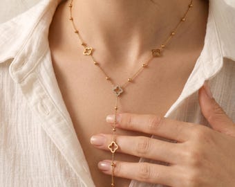 Long Clover Drop Necklace, Clover Charm Y Necklace, Gold Stainless Steel CZ Pendant, Lucky Charm Jewelry for Women, Y-Drop Clover Necklace