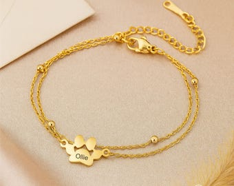 Dainty Pet Name Bracelet, Personalized Paw Print Jewelry, Engraved Dog/Cat Paw Bracelet with Name, Pet Keepsake Jewelry, Gift for Dog Mom