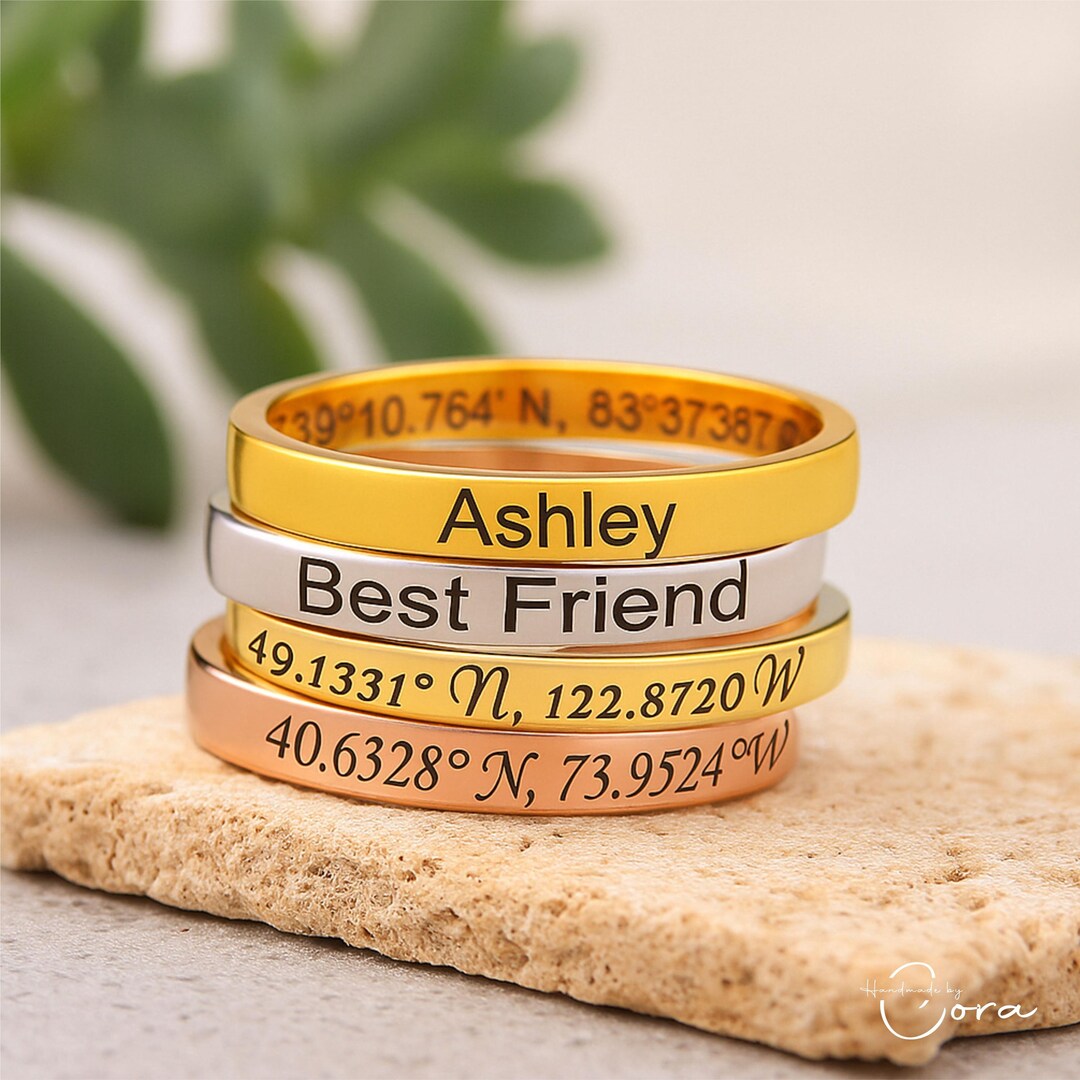 Personalized Name Engraved Ring, Custom Coordinate Ring, Dainty Inside ...