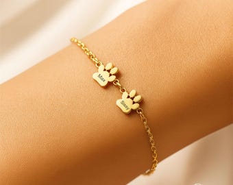 Custom Paw Print Bracelet, Engraved Pet Paw Jewelry, Pet Memorial Bracelet, Gold Pet Name Bracelet, Pet Lover Jewelry, Gift for Women