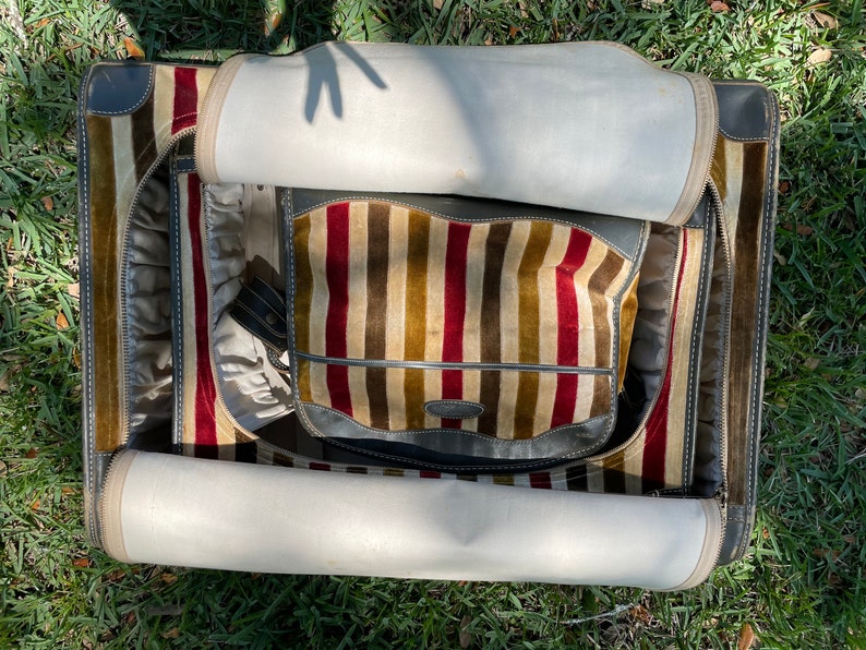 1960-1970 Velvet and Leather Striped Zippered Nesting Suitcase Luggage Set image 10