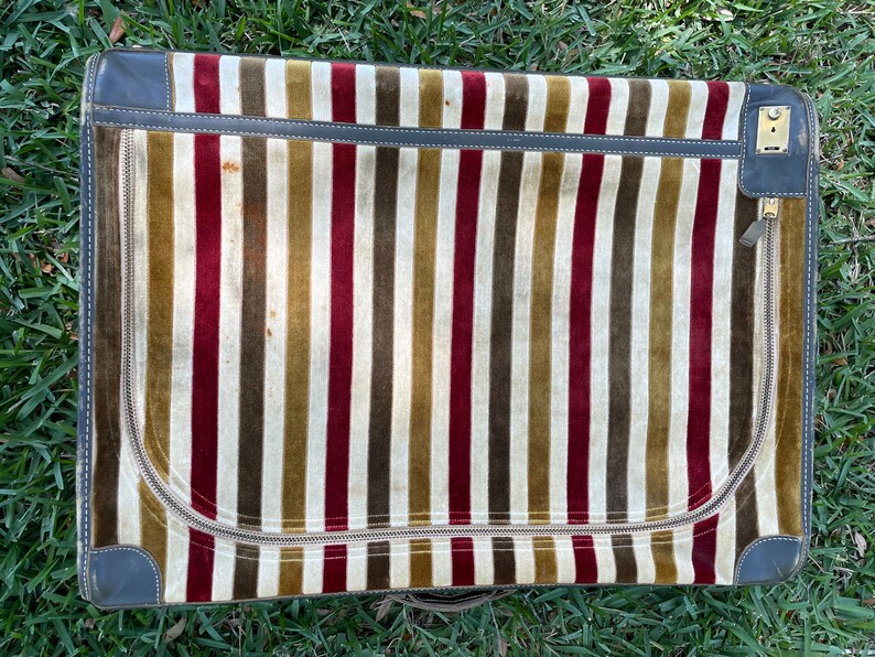 1960-1970 Velvet and Leather Striped Zippered Nesting Suitcase Luggage Set image 2