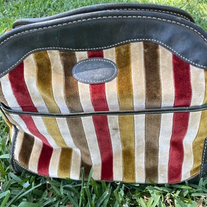 1960-1970 Velvet and Leather Striped Zippered Nesting Suitcase Luggage Set image 6