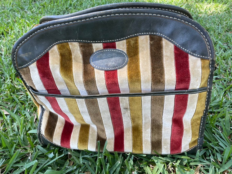 1960-1970 Velvet and Leather Striped Zippered Nesting Suitcase Luggage Set image 6