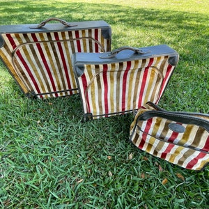 1960-1970 Velvet and Leather Striped Zippered Nesting Suitcase Luggage Set image 1