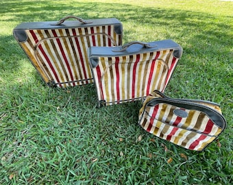 1960-1970 Velvet and Leather Striped Zippered Nesting Suitcase Luggage Set