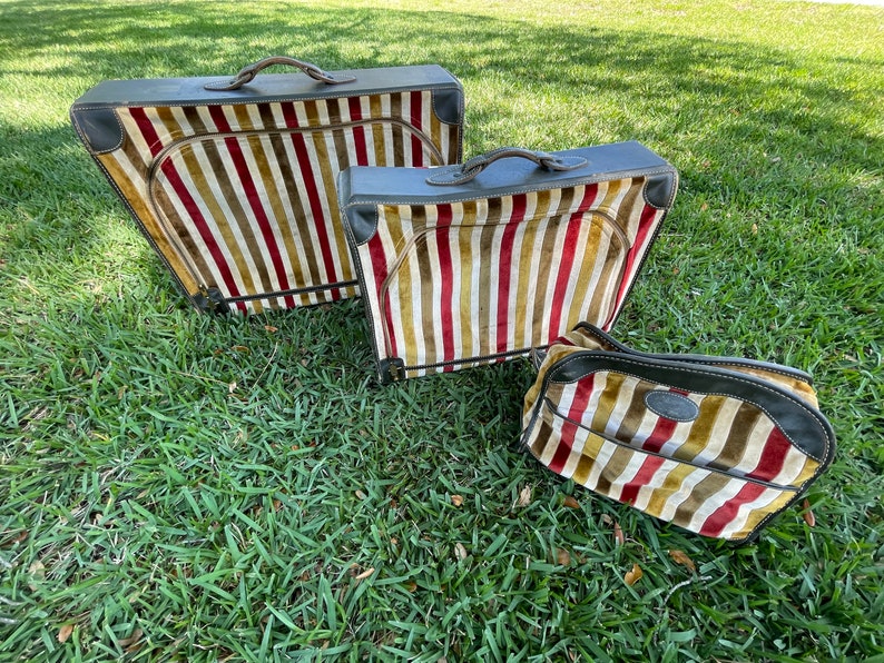 1960-1970 Velvet and Leather Striped Zippered Nesting Suitcase Luggage Set image 1