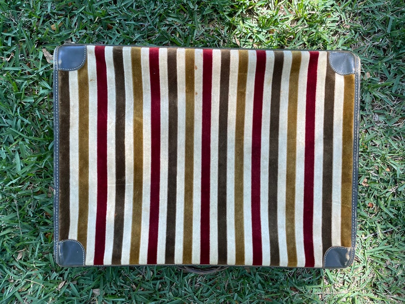 1960-1970 Velvet and Leather Striped Zippered Nesting Suitcase Luggage Set image 4