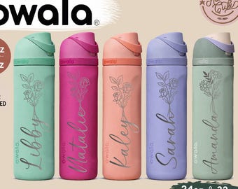 Personalized Birth Flower Owala Water Bottle | Custom Name Engraved Owala 24oz 32oz | Birth Month Flower Gift for Her Mom Teen Girl