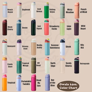 May include: A color chart displays various 24 oz. Owala water bottles. The bottles come in a range of colors, including "Beach House," "Denim," "Strawberry Fields," and "Retrograde." Each bottle has a unique color combination and a flip-top lid.