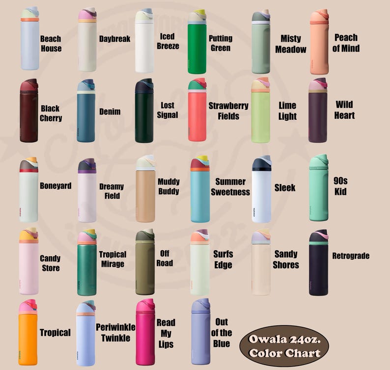 May include: A color chart displays various 24 oz. Owala water bottles. The bottles come in a range of colors, including "Beach House," "Denim," "Strawberry Fields," and "Retrograde." Each bottle has a unique color combination and a flip-top lid.