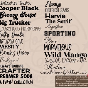 May include: A beige background displays a collection of various font styles in black. The fonts include "Unicorn Tears," "Cooper Black," "Groovy Script," and "Big Trucker." A website link for font previews is also included.
