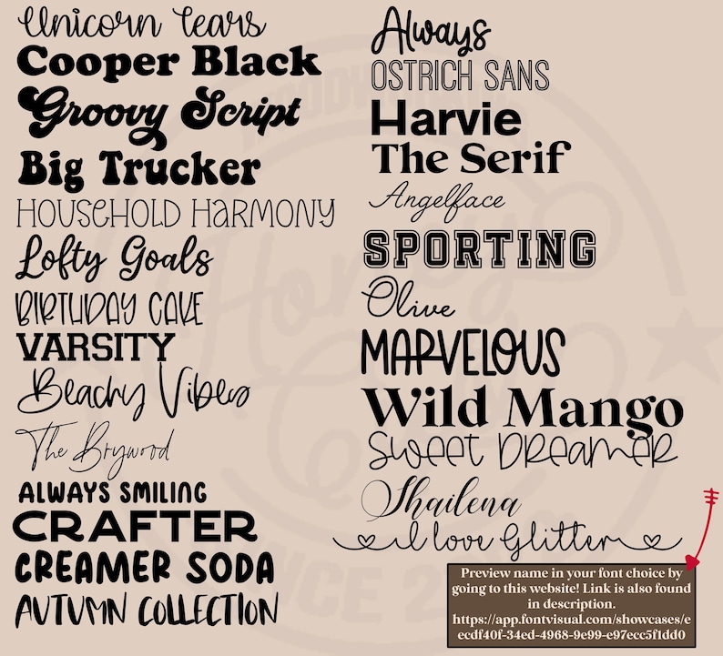 May include: A beige background displays a collection of various font styles in black. The fonts include "Unicorn Tears," "Cooper Black," "Groovy Script," and "Big Trucker." A website link for font previews is also included.