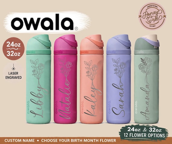 Personalized Birth Flower Owala Water Bottle | Custom Name Engraved Owala 24oz 32oz | Birth Month Flower Gift for Her Mom Teen Girl
