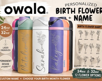 Personalized Birth Flower Owala Water Bottle | Custom Name Engraved Owala 24oz 32oz | Birth Month Flower Gift for Her Mom Teen Girl