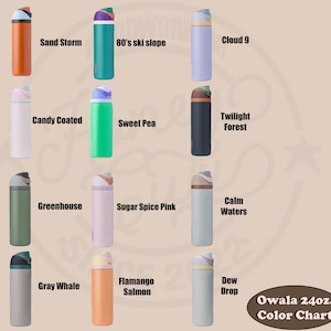 May include: A color chart of Owala 24oz. water bottles. The bottles are shown in various colors, including orange, teal, purple, white, green, black, pink, gray, and light blue. Each bottle has a unique name, such as "Sand Storm" and "80's ski slope."