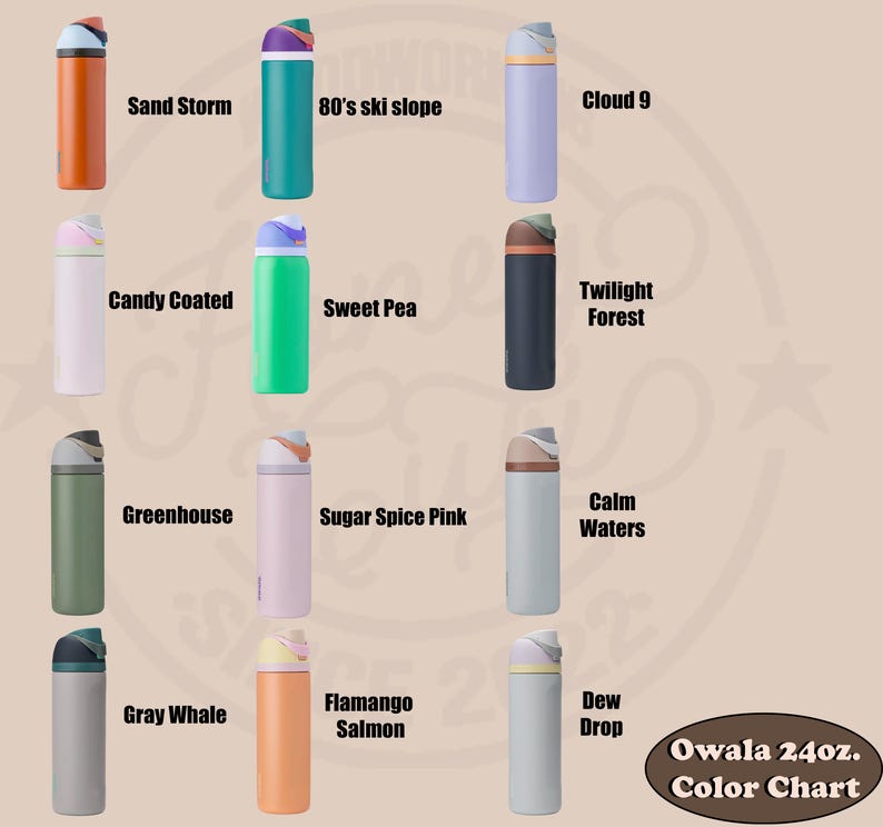 May include: A color chart of Owala 24oz. water bottles. The bottles are shown in various colors, including orange, teal, purple, white, green, black, pink, gray, and light blue. Each bottle has a unique name, such as "Sand Storm" and "80's ski slope."