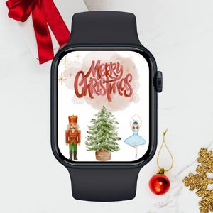 Könnte beinhalten: Schwarze Smartwatch mit einem weihnachtlichen Display. Der Bildschirm zeigt "Merry Christmas" in roter Schrift, einen Nussknacker, einen Weihnachtsbaum und eine Ballerina. Eine rote Kugel und goldene Schneeflocken sind ebenfalls zu sehen.