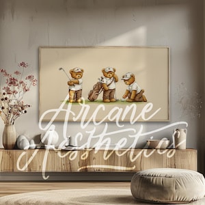 frame tv Vintage Golf Teddy Bear Wall Art Watercolor Illustration of Bears in Retro Outfit golf lovers, Nostalgic gift for Golf Enthusiasts