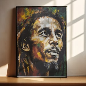 May include: A framed painting of Bob Marley with a colorful abstract style. The painting features shades of green, yellow, brown, and black.