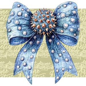 May include: A large blue bow with white pearl accents and a gold and brown spiked embellishment in the center.