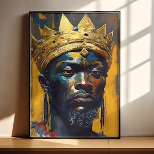 May include: A painting of a man wearing a gold crown. The man has dark skin and a beard. The background is a yellow and gold color.