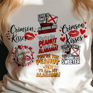Lot de 7 Alabama Saint-Valentin SVG Alabama coquette svg féminin Alabama logo cramoisi marée preppy Alabama sticker png cadeau pour chignon désordonné DTF