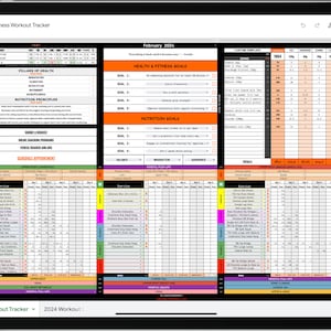 Pode incluir: Um rastreador de exercícios digital com fundo preto e detalhes laranja, amarelo e rosa. O rastreador inclui um log de treino, objetivos nutricionais e um modelo personalizado para o acompanhamento de macros. O texto "Fevereiro de 2024" está no topo da página.