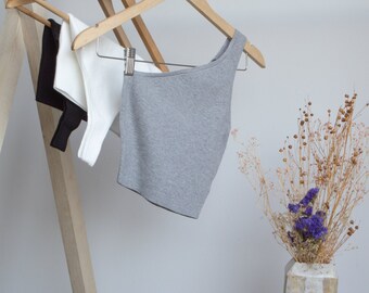 One Shoulder Crop Top: Viscose Blend - Black, Grey, Ecru
