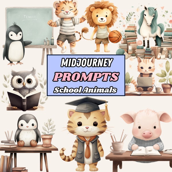 Midjourney Prompts Whimsical School Animal Clipart, Cute Nursery for Kids Clipart, Children's Book Illustration Prompt of Little Pet Animal