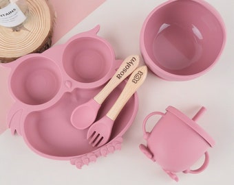 Ensemble d'assiettes personnalisées en silicone, Ensemble d'assiettes pour bébé, Bol d'assiettes pour bébé chouette mignonne, Ensemble de sevrage en silicone, Assiette pour tout-petit, Cadeau de naissance, Cadeau d'anniversaire d'enfant