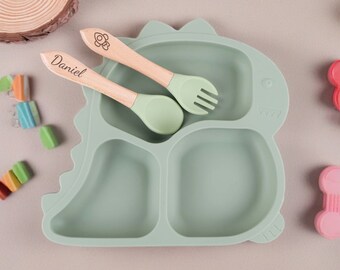 Ensemble de sevrage en silicone personnalisé, ensemble d'assiettes en silicone, ensemble d'assiettes pour bébé, bol d'assiettes pour bébé dessin animé, assiette pour tout-petit, cadeau de baby shower