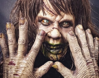 The exorcist latex mask, Regan MacNeil mask, Horror movie, Demond Possessed, Halloween, Cosplay (hands included)