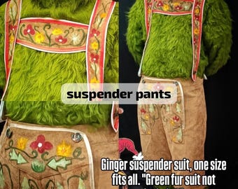 Christmas Suspender Pants Holiday Costume( hand-painted) Whoville Inspired Lederhosen, Festive Green Monster Overalls, Xmas Dress Up One Siz