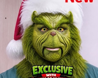 Realistic Green Monster Latex Mask with Moving Jaw, Handmade Holiday Cosplay Mask, Christmas Party Costume Wearable, fixed Christmas hat