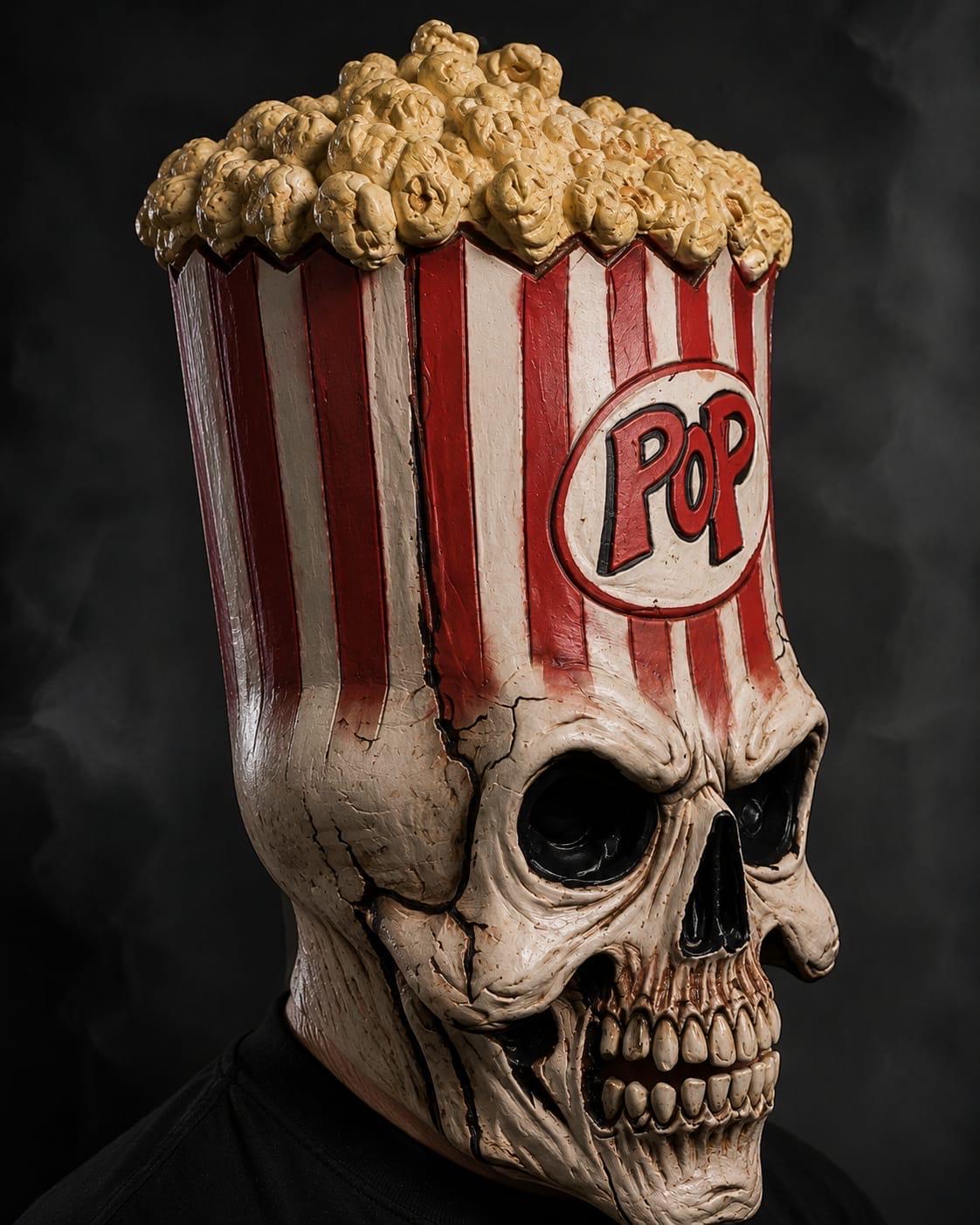 Realistic Popcorn Skull Mask Latex Evil Pop Corn Box Horror Mask