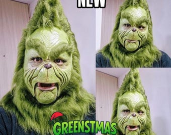 GREENSTMAS latex mask green ( without eyes and with a moving mouth) monster ,movie, comic, cosplay, gif, handmade, ,green , CHRIST