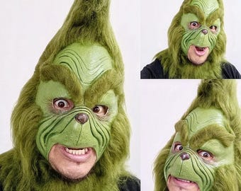 Grinchy’s latex mask Christmas.two-piece mask and imported fur collar. Mask,green,monster grinchy