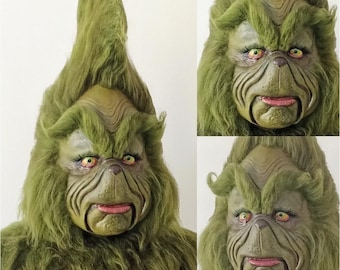 Green monster Santa latex mask deluxe,mask with mouth high quality painting detail,movement,green,Santa,costume,Christmas,grinnn