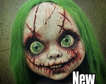 Creepy Doll Mask with Green Hair - Scary Horror Zombie Baby Doll Head - Haunted Broken Porcelain Doll Cosplay - Halloween Gothic Monster Mas