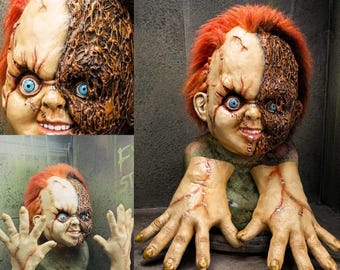 Evil stitched toy mask and gloves, handmade creepy slashing doll head, Halloween costume